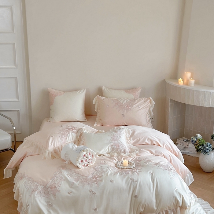 91家纺网 家纺一手货源 找家纺 MIU缪家居 2024新款100支全棉四件套 伊莎贝尓 系列 柔纱粉