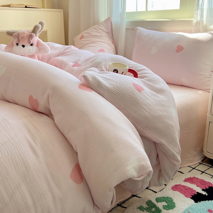 91家纺网 家纺一手货源 找家纺 盼季 2024新款A类母婴级水洗棉床上用品四件套卡通儿童床单被套宿舍三件套 爱心满满