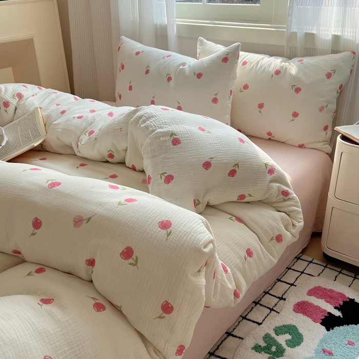 91家纺网 家纺一手货源 找家纺 盼季 2024新款A类母婴级水洗棉床上用品四件套卡通儿童床单被套宿舍三件套 粉色郁金香