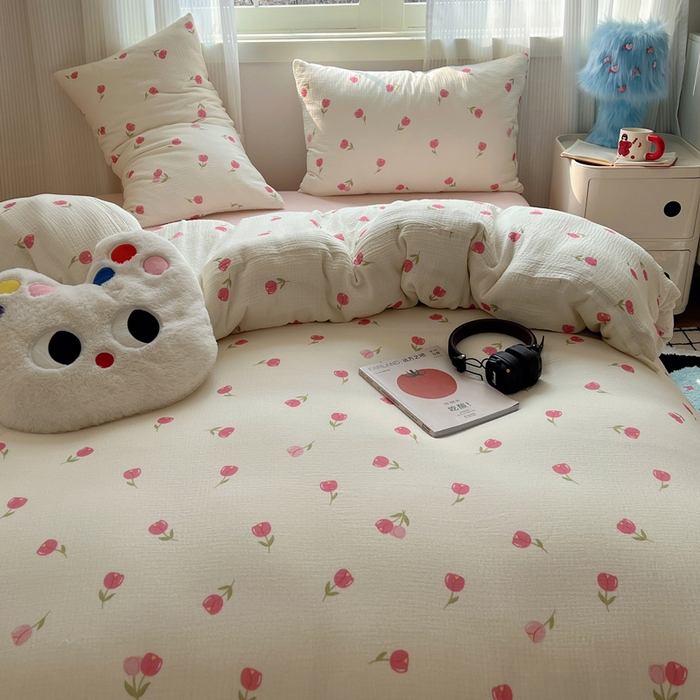 91家纺网 家纺一手货源 找家纺 盼季 2024新款A类母婴级水洗棉床上用品四件套卡通儿童床单被套宿舍三件套 粉色郁金香