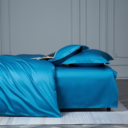 莱阁亿 2025新款高支高密新疆长绒棉纯色双拼四件套 元气蓝