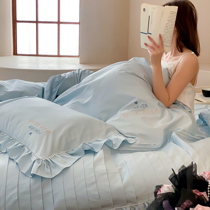 91家纺网 家纺一手货源 找家纺 MIU缪家居2024新款100支全棉四件套-缪缪系列 沁水蓝