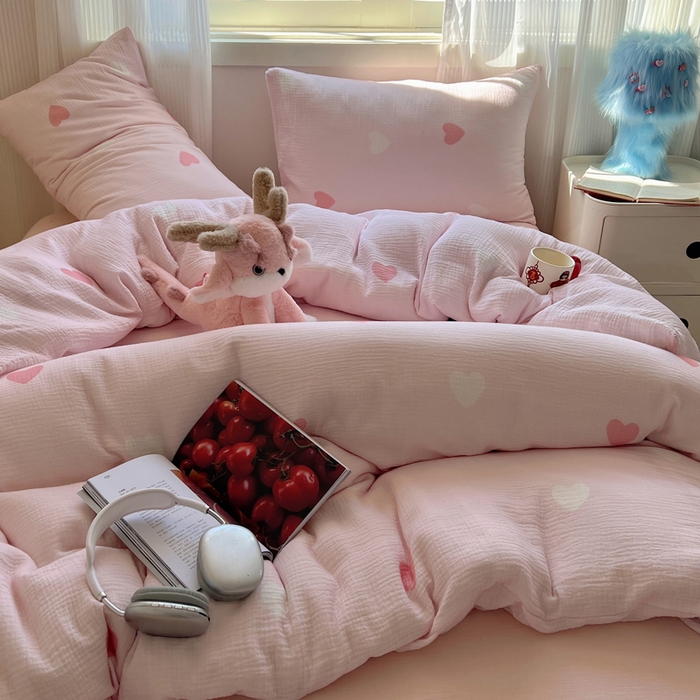 91家纺网 家纺一手货源 找家纺 盼季 2024新款A类母婴级水洗棉床上用品四件套卡通儿童床单被套宿舍三件套 爱心满满