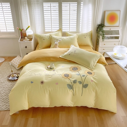 91家纺网 家纺一手货源 找家纺 凡客家居 2024新款水洗真丝绣花四件套 向日葵