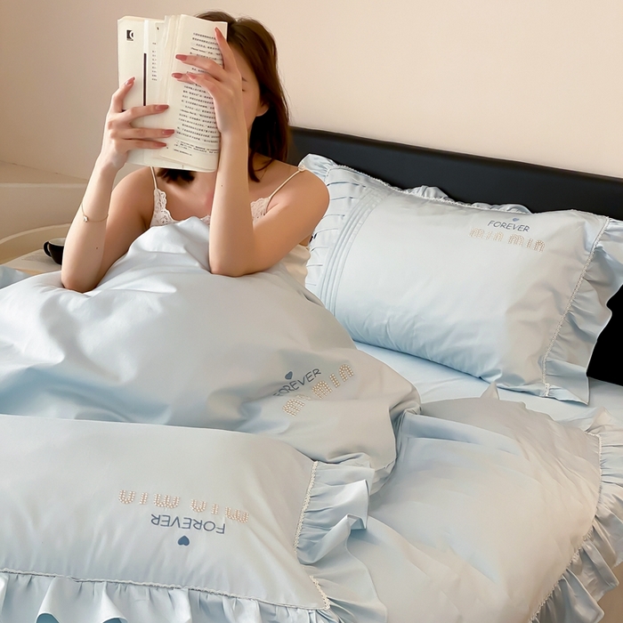 91家纺网 家纺一手货源 找家纺 MIU缪家居2024新款100支全棉四件套-缪缪系列 沁水蓝