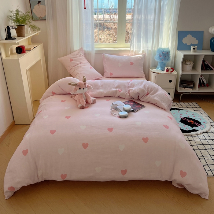 91家纺网 家纺一手货源 找家纺 盼季 2024新款A类母婴级水洗棉床上用品四件套卡通儿童床单被套宿舍三件套 爱心满满