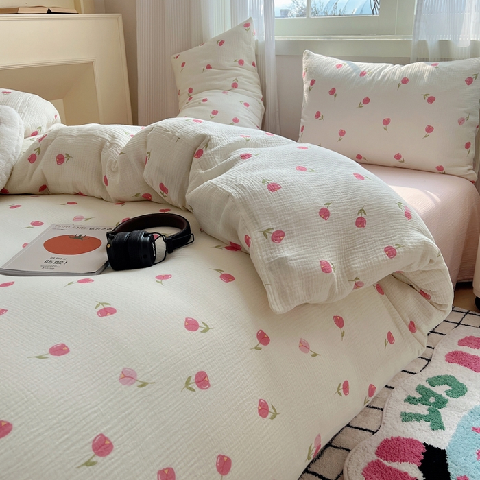 91家纺网 家纺一手货源 找家纺 盼季 2024新款A类母婴级水洗棉床上用品四件套卡通儿童床单被套宿舍三件套 粉色郁金香