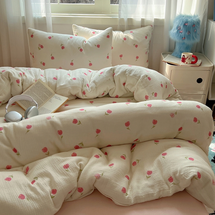 91家纺网 家纺一手货源 找家纺 盼季 2024新款A类母婴级水洗棉床上用品四件套卡通儿童床单被套宿舍三件套 粉色郁金香