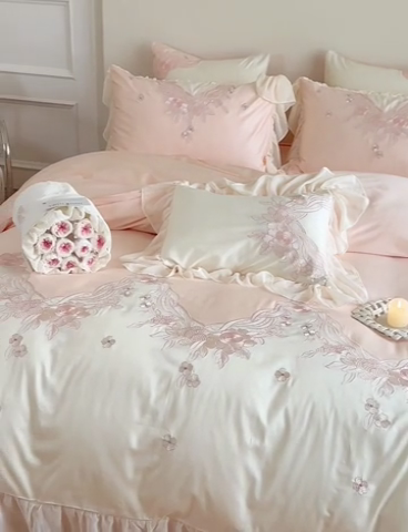 91家纺网 家纺一手货源 找家纺 MIU缪家居 2024新款100支全棉四件套 伊莎贝尓 系列 柔纱粉