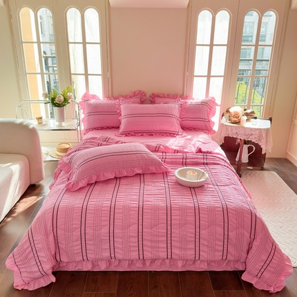 91家纺网 家纺一手货源 找家纺 仟网汇 2024新款韩版条纹泡泡纱夏被四件套 条纹泡泡纱-茶绿