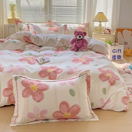 91家纺网 家纺一手货源 找家纺 乐童家纺 2024新款直播爆款13070纯棉印花吊边款一字绣四件套第四波 半夏花语