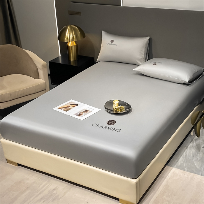 91家纺网 家纺一手货源 找家纺 古吉梦 2024新款水洗真丝冰丝床笠 冰丝-贝拉-浅灰