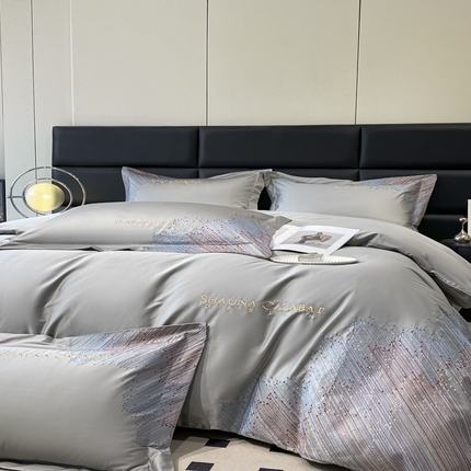 91家纺网 家纺一手货源 找家纺 首尔家纺 2025年新款全棉刺绣四件套 流星系 流星-高级灰