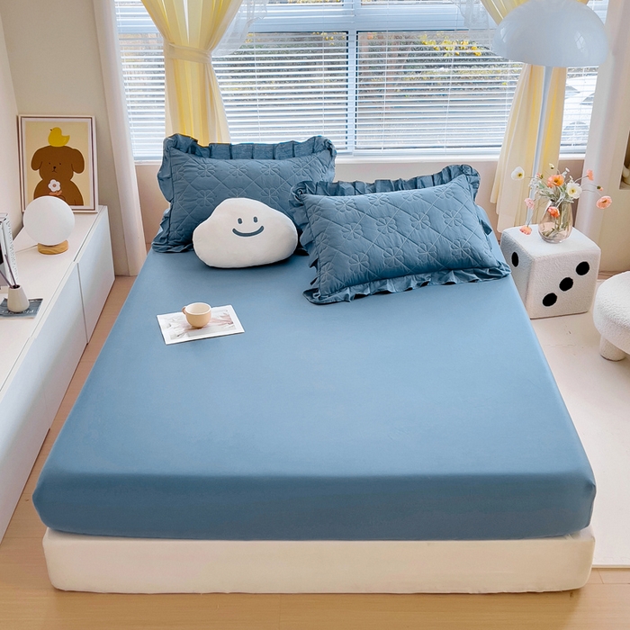 91家纺网 家纺一手货源 找家纺 情煊家纺 2024新款全棉纯色床笠 灰蓝