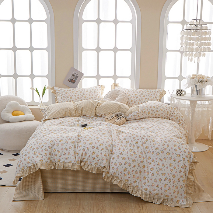 91家纺网 家纺一手货源 找家纺 一米阳光 2024新款2月全棉花边款四件套 萱花