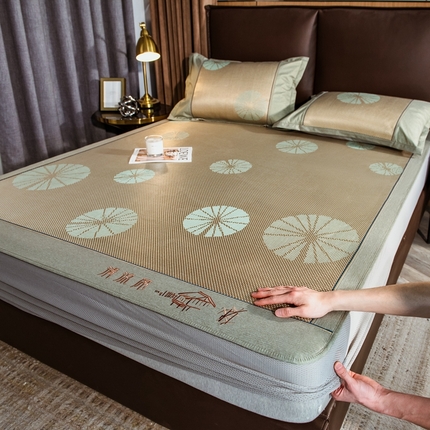 全季家居 2024新款加厚加密宽边刺绣提花冰藤凉席 团扇-娇黄（床笠款）