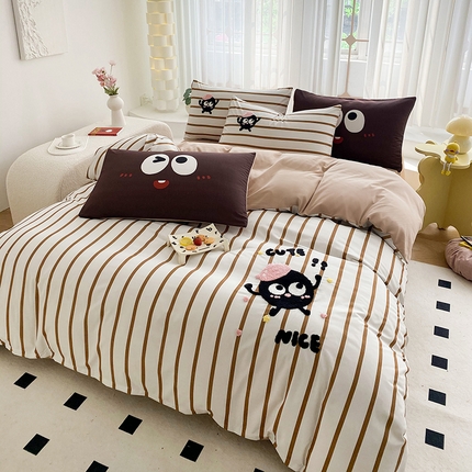 眷恋家纺 2024新款多巴胺水洗棉毛巾绣四件套 煤球-焦糖咖