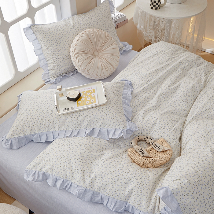 91家纺网 家纺一手货源 找家纺 一米阳光 2024新款2月全棉花边款四件套 云溪-蓝