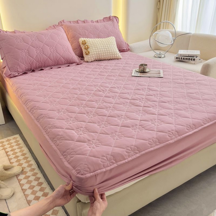 91家纺网 家纺一手货源 找家纺 情煊家纺 2024新款全棉亲肤夹棉纯色床笠 粉玉