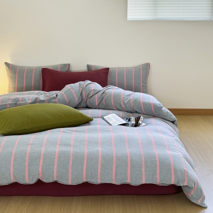 玛奇朵 2024春夏新品A类全棉小肌理纹提花简约色织条纹四件套-宝格丽系列 宝格丽-綪红