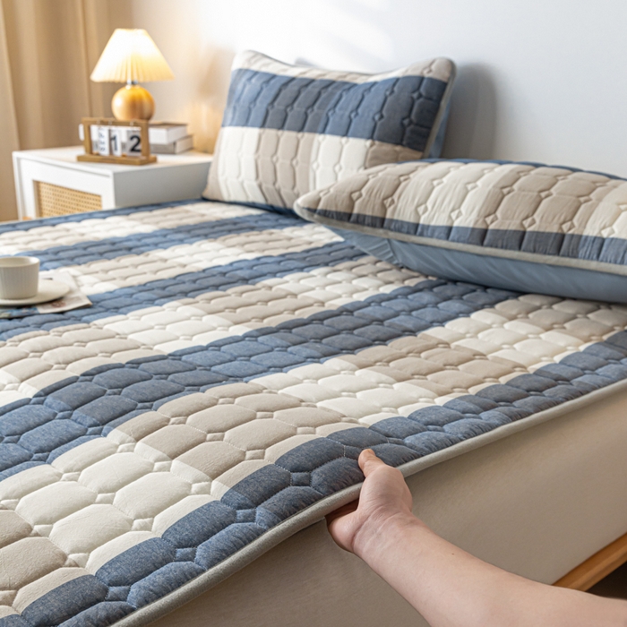 91家纺网 家纺一手货源 找家纺 鑫钰 2024水洗棉床护垫-简格 简格-蓝大格