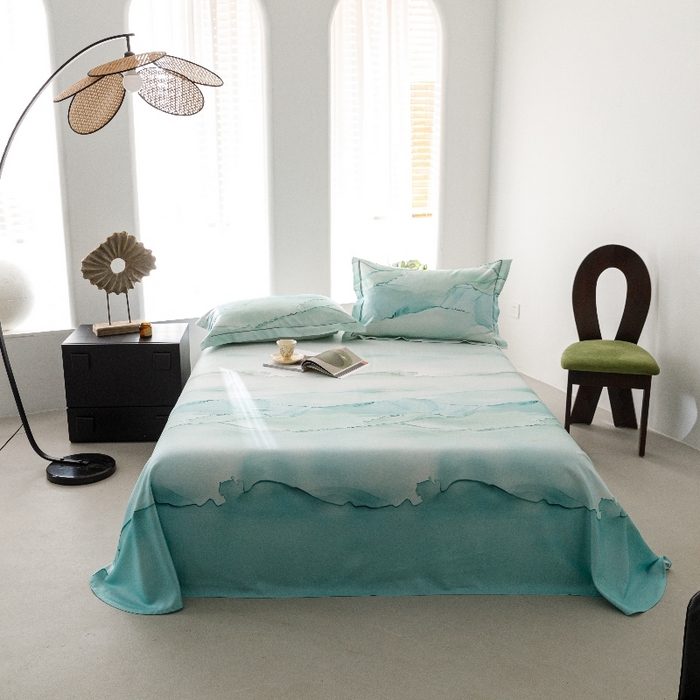 91家纺网 家纺一手货源 找家纺 舒慕家纺 2025新款天丝竹纤维竹语天丝凉席数码印花软凉席床单床笠 烟云-绿