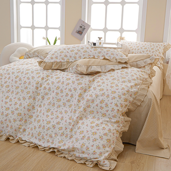 91家纺网 家纺一手货源 找家纺 一米阳光 2024新款2月全棉花边款四件套 萱花