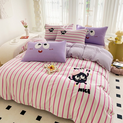 眷恋家纺 2024新款多巴胺水洗棉毛巾绣四件套 煤球-树莓粉