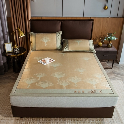 91家纺网 家纺一手货源 找家纺 全季家居 2024新款加厚加密宽边刺绣提花冰藤凉席 扇叶-娇黄（床席款）