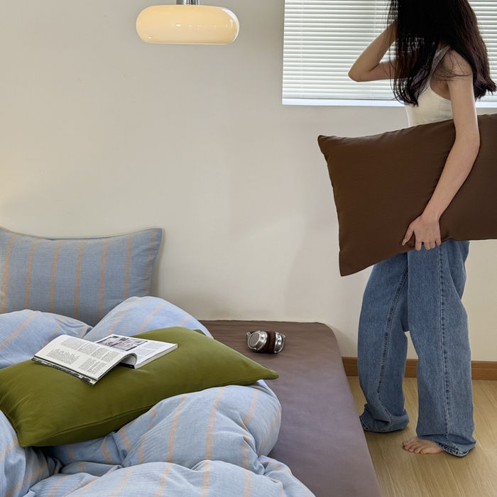 91家纺网 家纺一手货源 找家纺 玛奇朵 2024春夏新品A类全棉小肌理纹提花简约色织条纹四件套-宝格丽系列 宝格丽-蓝驼