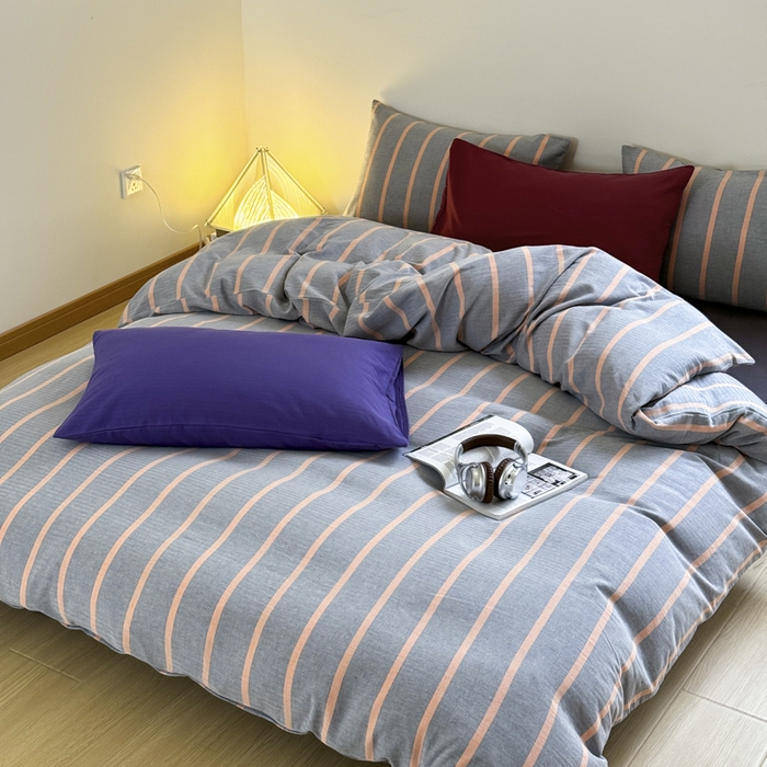 91家纺网 家纺一手货源 找家纺 玛奇朵 2024春夏新品A类全棉小肌理纹提花简约色织条纹四件套-宝格丽系列 宝格丽-橘灰