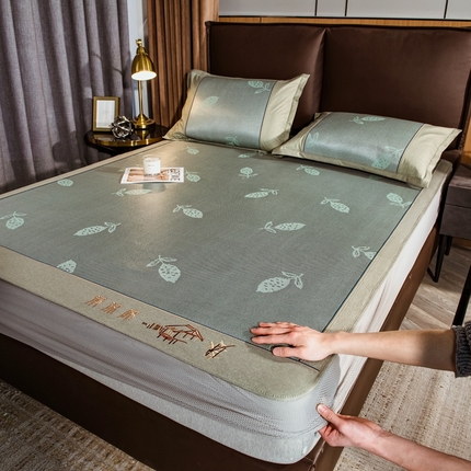 全季家居 2024新款加厚加密宽边刺绣提花冰藤凉席 秋叶-水绿（床笠款）