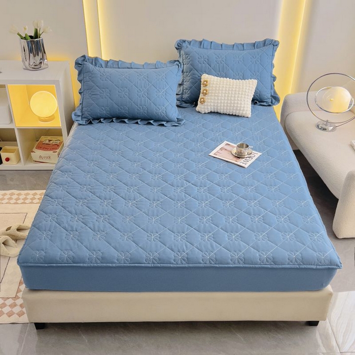 91家纺网 家纺一手货源 找家纺 情煊家纺 2024新款全棉亲肤夹棉纯色床笠 灰蓝