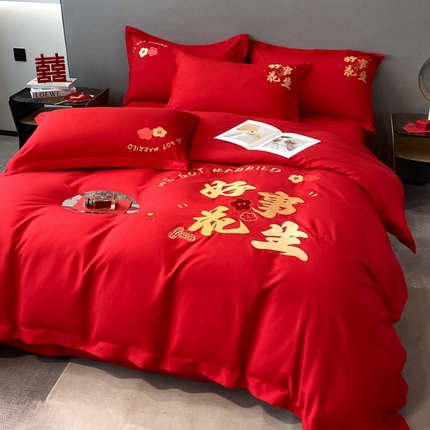 N先生 2025新款婚庆水洗磨毛刺绣四件套 好事花生