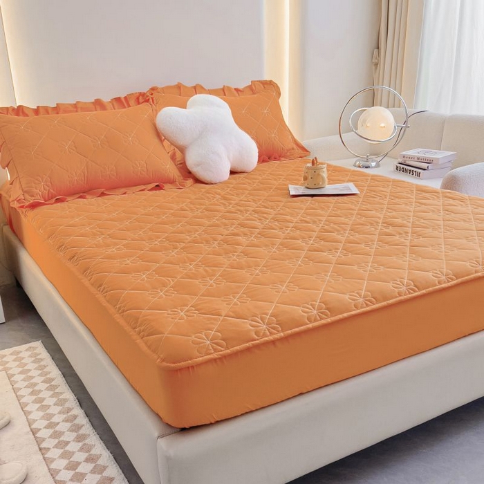 91家纺网 家纺一手货源 找家纺 情煊家纺 2024新款全棉亲肤夹棉纯色床笠 桔色