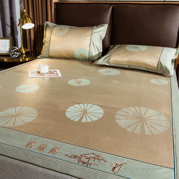 91家纺网 家纺一手货源 找家纺 全季家居 2024新款加厚加密宽边刺绣提花冰藤凉席 扇叶-娇黄（床席款）