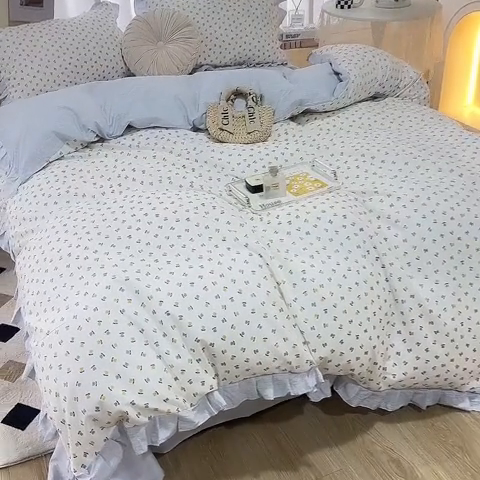 91家纺网 家纺一手货源 找家纺 一米阳光 2024新款2月全棉花边款四件套 云溪-蓝