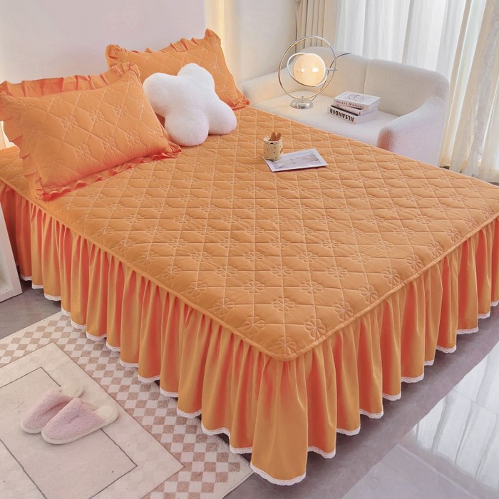 91家纺网 家纺一手货源 找家纺 情煊家纺 2024新款全棉亲肤夹棉纯色床裙 桔色