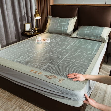 91家纺网 家纺一手货源 找家纺 全季家居 2024新款加厚加密宽边刺绣提花冰藤凉席 时光-水绿（床笠款）