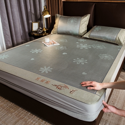 全季家居 2024新款加厚加密宽边刺绣提花冰藤凉席 飘雪-水绿（床笠款）