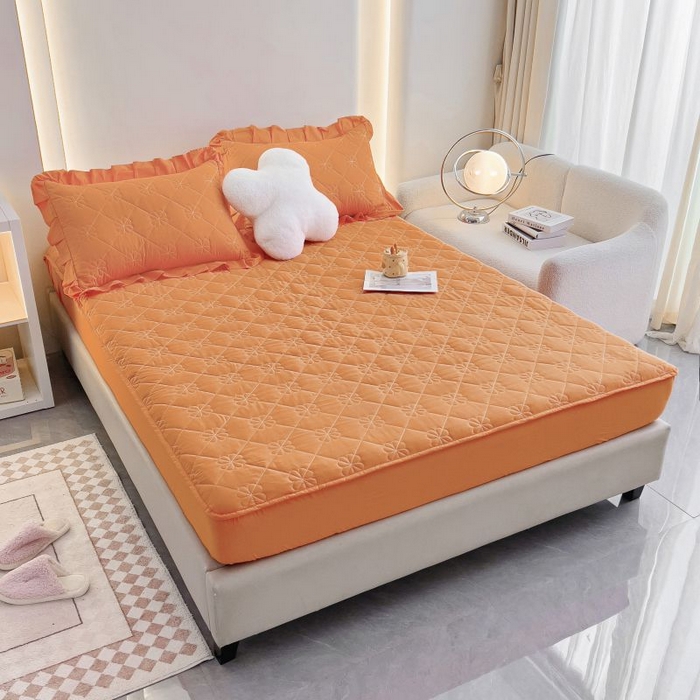 91家纺网 家纺一手货源 找家纺 情煊家纺 2024新款全棉亲肤夹棉纯色床笠 桔色