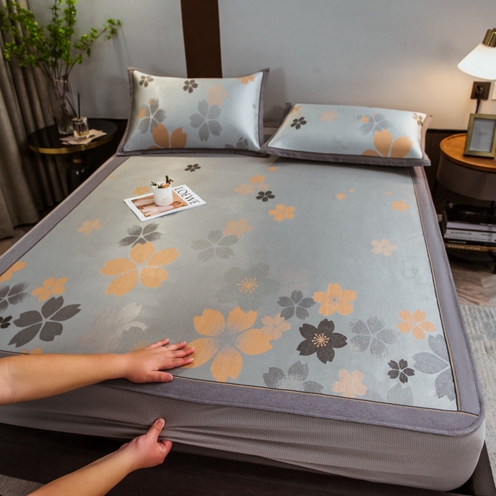 91家纺网 家纺一手货源 找家纺 全季家居 2024新款900D高精密三色纬提花冰丝凉席 静享花开（床笠款）