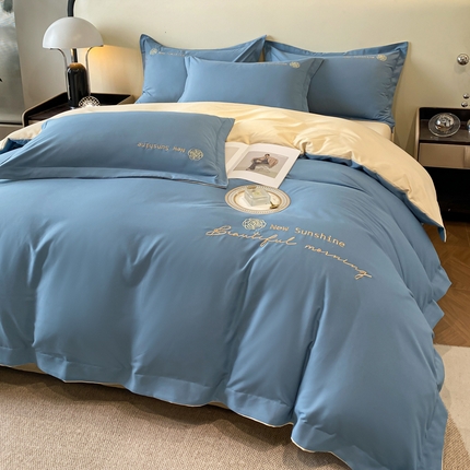 91家纺网 家纺一手货源 找家纺 N先生 2024新款轻奢风水洗磨毛刺绣四件套-如梦系列 如梦-蓝