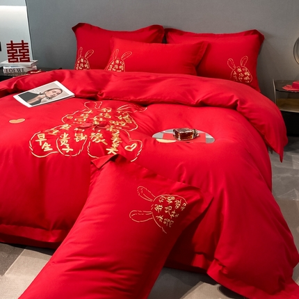 N先生 2025新款婚庆水洗磨毛刺绣四件套 喜庆兔兔