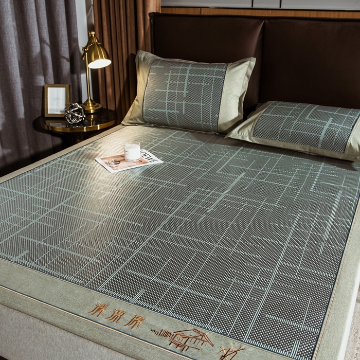 91家纺网 家纺一手货源 找家纺 全季家居 2024新款加厚加密宽边刺绣提花冰藤凉席 时光-水绿（床席款）