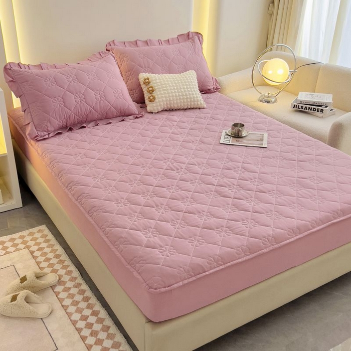 91家纺网 家纺一手货源 找家纺 情煊家纺 2024新款全棉亲肤夹棉纯色床笠 粉玉