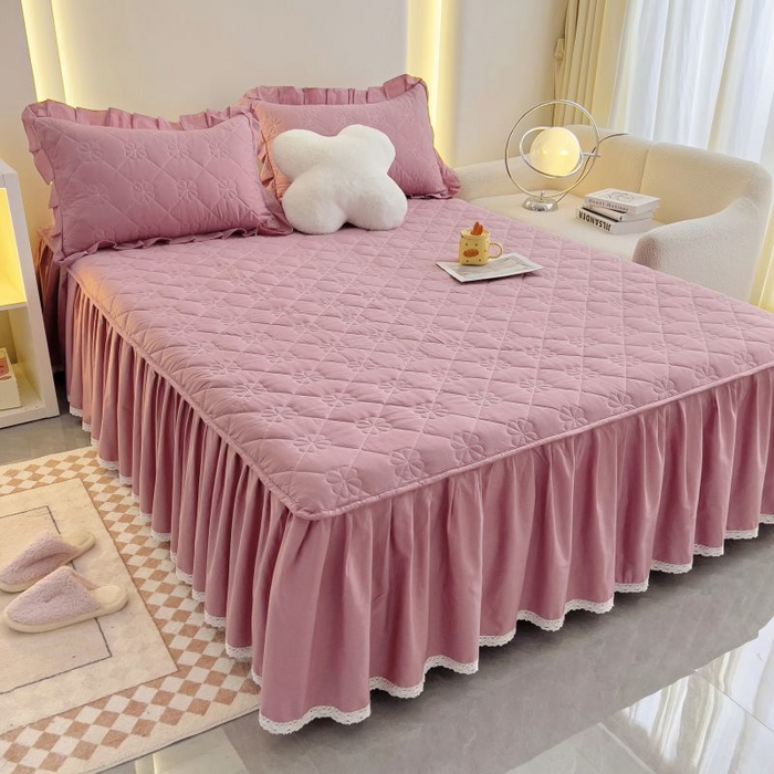 91家纺网 家纺一手货源 找家纺 情煊家纺 2024新款全棉亲肤夹棉纯色床裙 豆沙