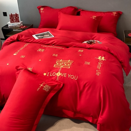 N先生 2025新款婚庆水洗磨毛刺绣四件套 吾家有喜