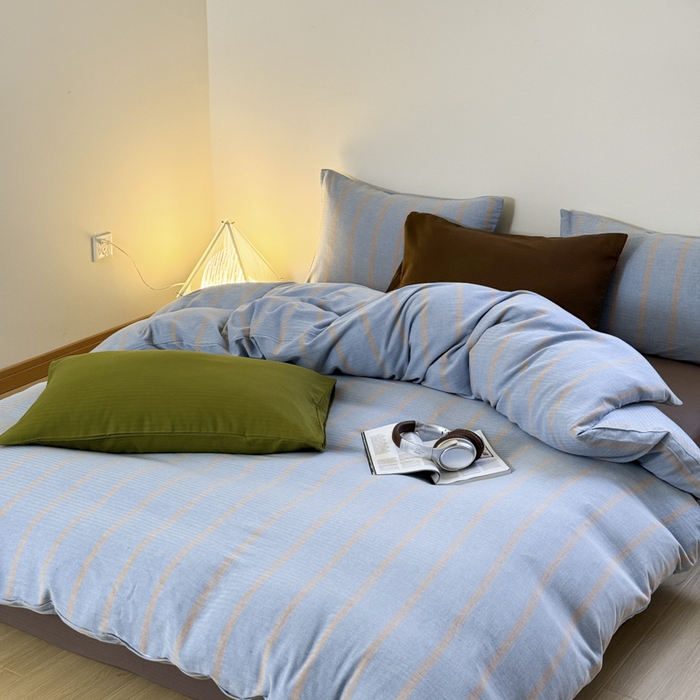 91家纺网 家纺一手货源 找家纺 玛奇朵 2024春夏新品A类全棉小肌理纹提花简约色织条纹四件套-宝格丽系列 宝格丽-蓝驼