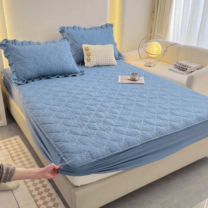 91家纺网 家纺一手货源 找家纺 情煊家纺 2024新款全棉亲肤夹棉纯色床笠 灰蓝